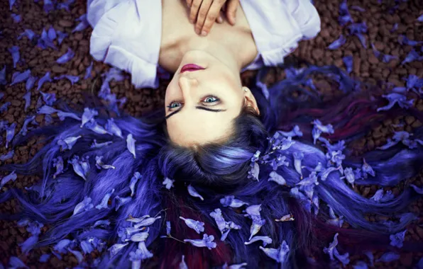Картинка девушка, настроение, цветки, синие волосы, Ronny Garcia