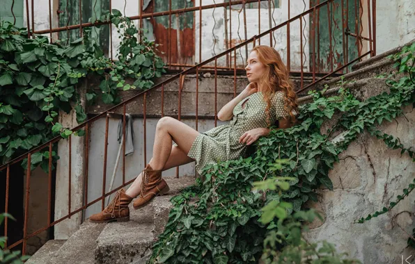 Картинка dress, model, women, redhead, plants, sitting, boots, stairs