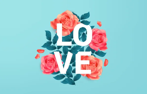 Фон, голубой, надпись, Love, текстура, background, roses