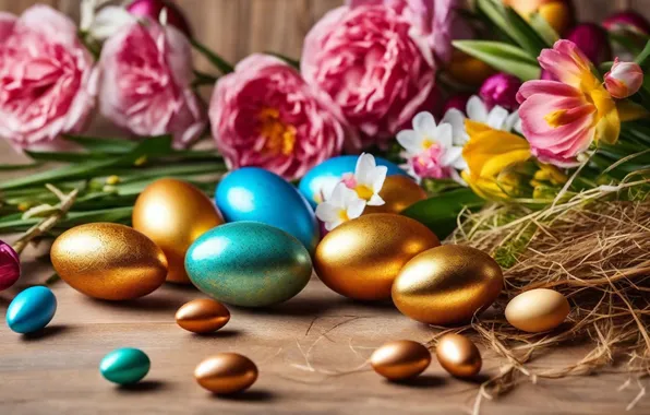 Цветы, яйца, весна, colorful, Пасха, happy, flowers, spring