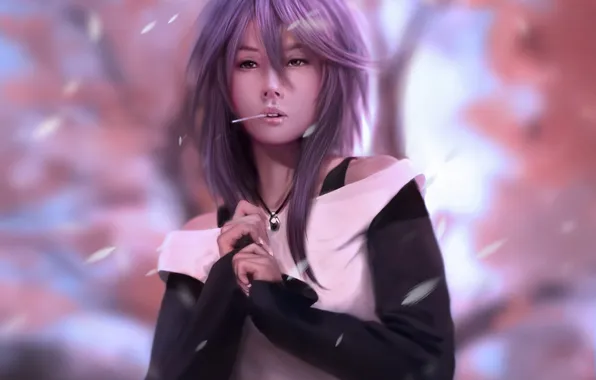 Девушка, руки, сакура, арт, леденец, rosario vampire, shirayuki mizore