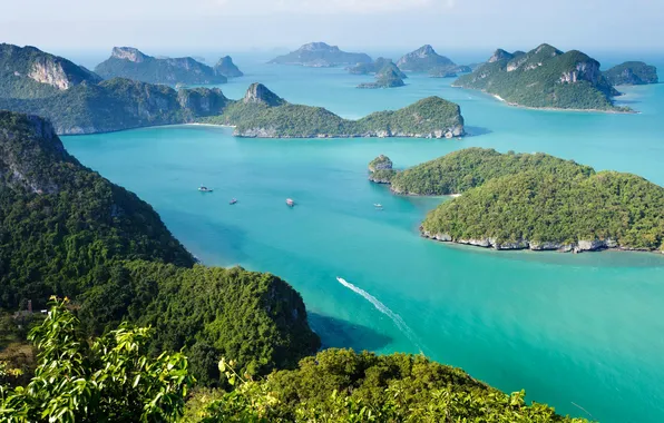 Картинка море, острова, деревья, горы, лодка, корабль, таиланд, koh samui