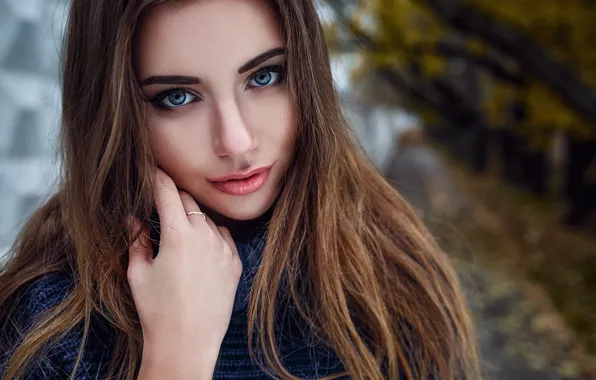 Картинка girl, long hair, photo, brown, blue eyes, model, lips, ring