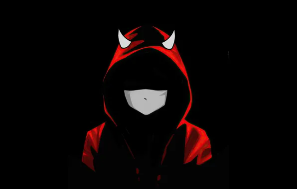 Dark, red hoodie, devil boy in mask