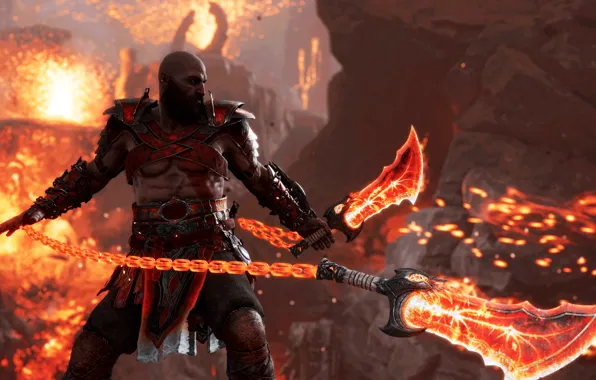 Fire, flame, god of war, weapon, kratos, snow, man, blade