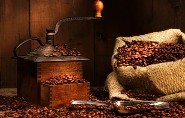 Картинка coffee, bag, grinder, coffee beans