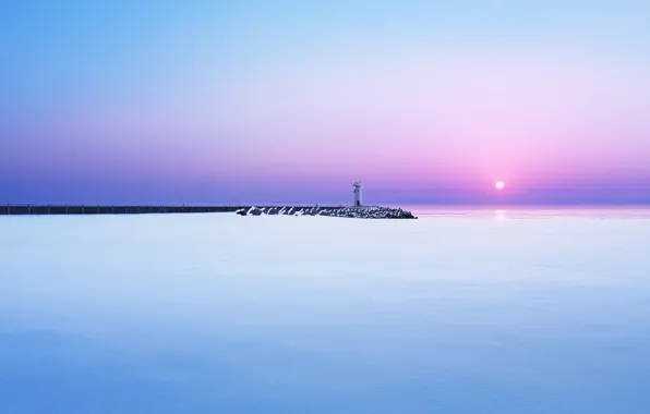 Картинка зима, море, снег, рассвет, маяк, утро, пирс