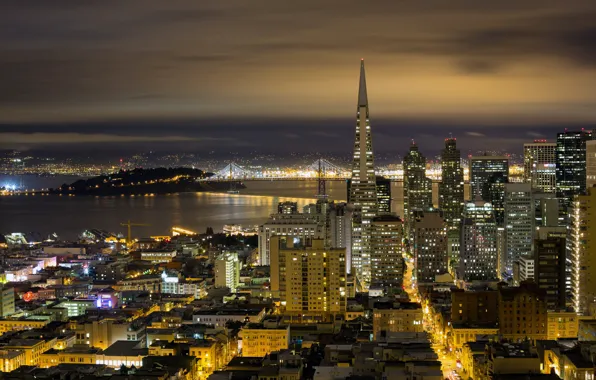 Картинка ночь, мост, огни, дома, панорама, California, San Francisco