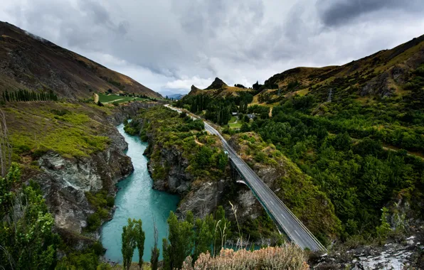 Дорога, деревья, горы, река, Новая Зеландия, каньон, вид сверху, Queenstown