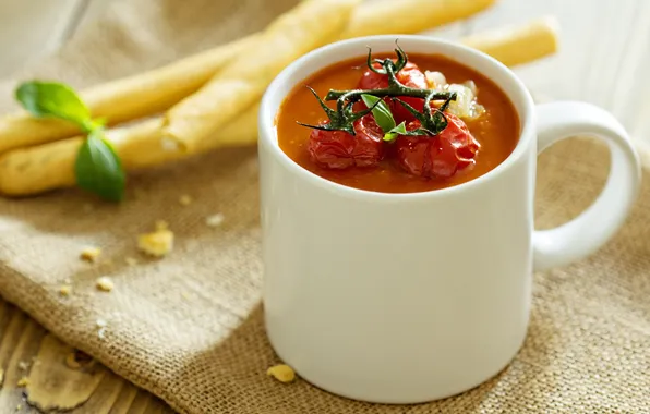 Томатный суп в кружке с печеными помидорами на вершине, First course, Первое блюдо, Tomato soup …