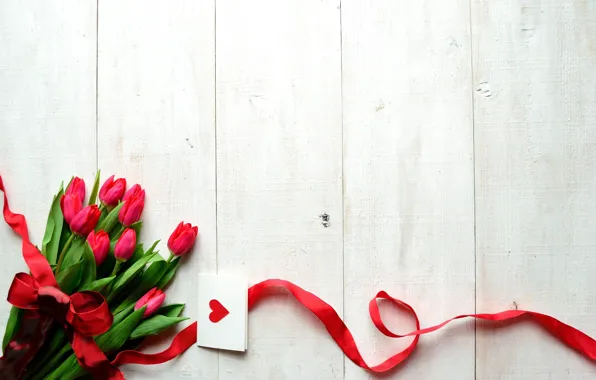 Картинка цветы, праздник, лента, тюльпаны, сердечко, бантик, открытка, День Святого Валентина