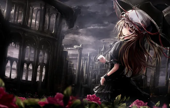 Девушка, цветы, мрак, зонт, Touhou, Yakumo Yukari