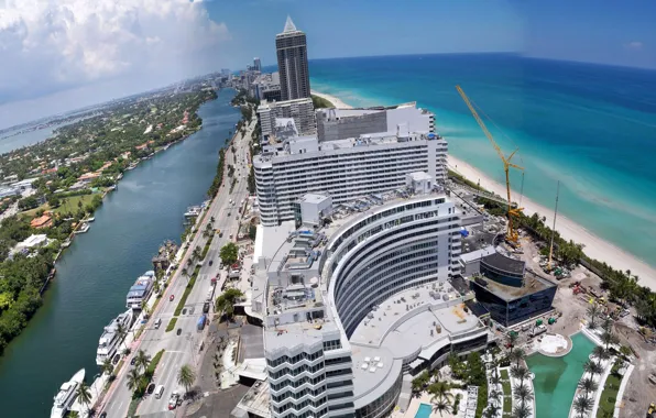 Море, небо, берег, дома, кран, Флорида, США, Miami