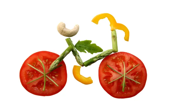 Картинка велосипед, минимализм, овощи, помидоры, аппликация