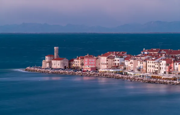 Море, здания, дома, Пиран, Словения, Адриатическое море, Adriatic Sea, Piran