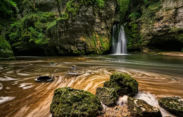 Картинка ручей, камни, скалы, водопад, мох, Швейцария, La Tine de Conflens