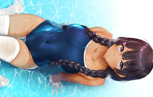 Girl, sexy, wet, thighhighs, long hair, legs, anime, water