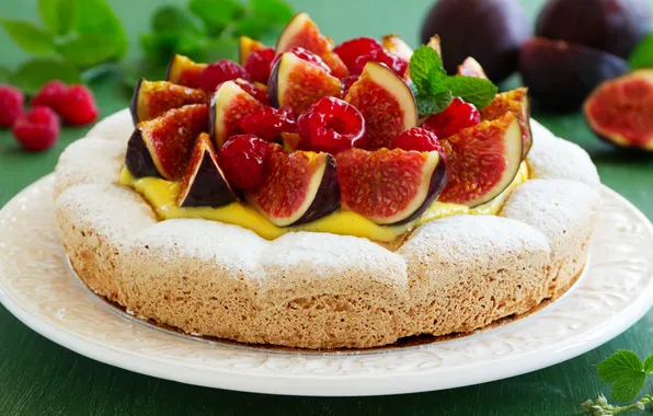 Малина, пирог, cake, сахарная пудра, инжир, figs, raspberries, powdered sugar