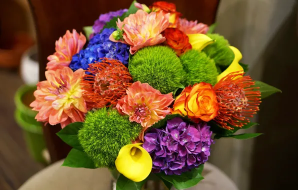 Розы, букет, гортензия, bouquet, roses, каллы, георгины
