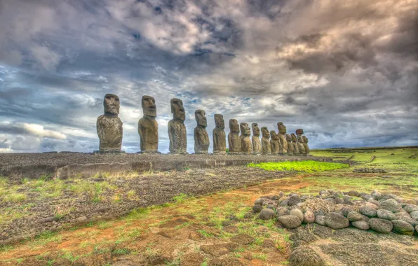 Небо, облака, остров Пасхи, статуя, Чили, Рапа-Нуи, моаи