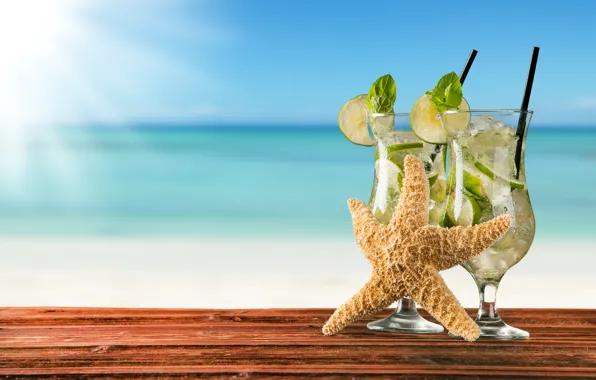 Коктейль, summer, beach, fresh, sea, paradise, drink, mojito