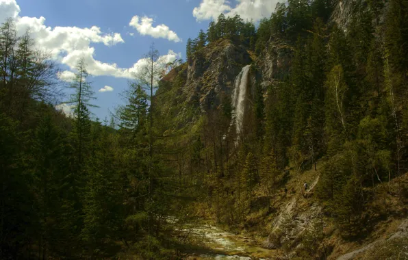 Картинка небо, облака, деревья, горы, природа, скалы, водопад, ели