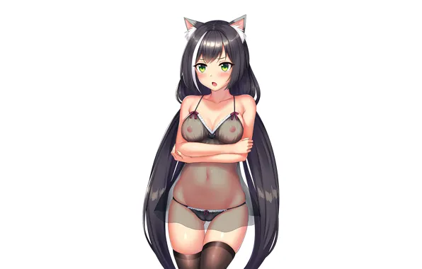 Girl, sexy, lingerie, bra, cleavage, panties, thighhighs, long hair