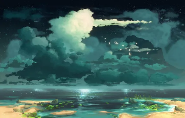 Облака, птицы, озеро, арт, нарисованный пейзаж