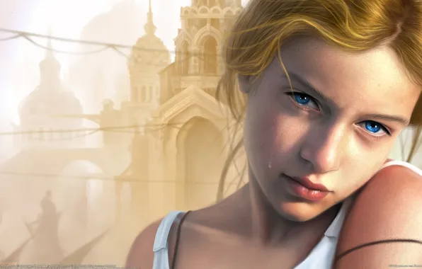 Девушка, замок, блондинка, girl, слёзы, tears, castle, CG wallpapers