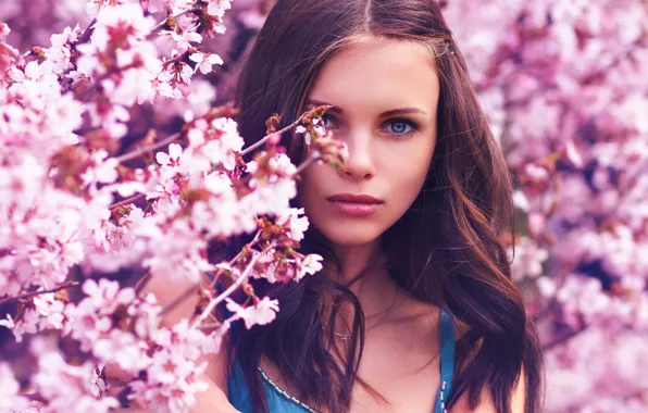 Девушка, цветы, природа, весна, макияж, сакура