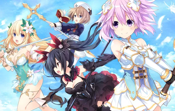 Девушки, группа, аниме, арт, hyperdimension neptunia