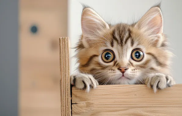 Кошка, взгляд, поза, котенок, лапки, ящик, мордашка, светлый фон