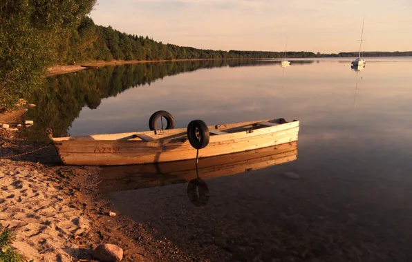 Лес, вода, закат, озеро, берег, лодка, литва
