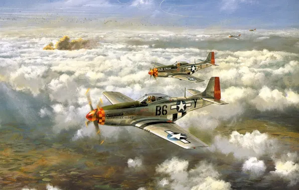 Небо, облака, рисунок, истребители, самолёты, WW2, армейские, одномоторные