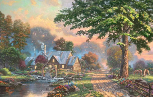 Картинка лето, дом, река, ручей, лошадь, колесо, деревня, живопись
