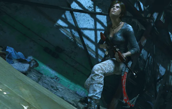 Картинка Девушка, Взгляд, Оружие, Tomb Raider, Автомат, Square Enix, Game, Lara Croft