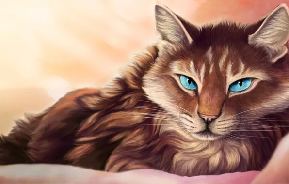 Картинка кошка, глаза, взгляд, голубые, лежит, одеяло, art