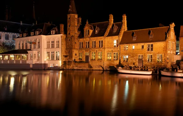 Вода, ночь, город, здания, дома, лодки, Бельгия, Belgium