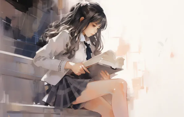 Картинка девушка, school uniform, brunette, digital art, books, schoolgirl, AI Art