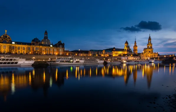 Огни, река, вечер, Германия, Дрезден