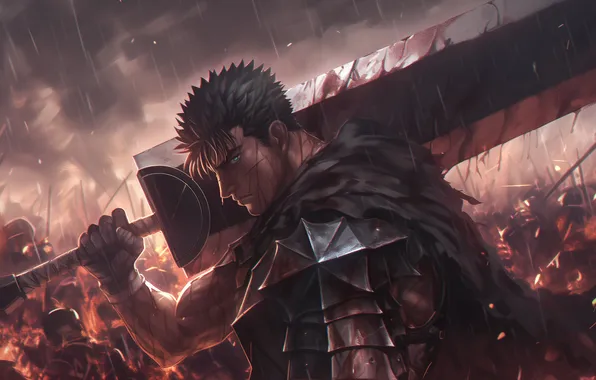 Дождь, меч, аниме, берсерк, Гатс, berserk, guts, большой меч