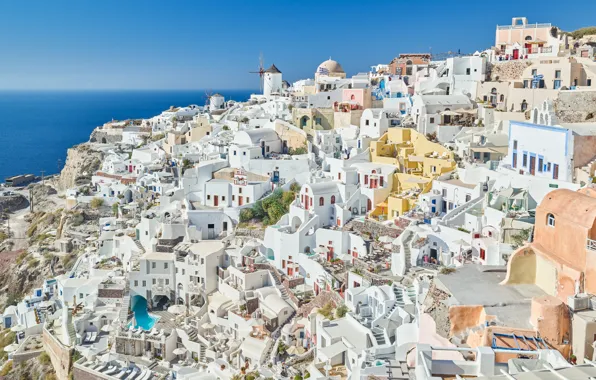 Море, дома, Санторини, Греция, панорама, Ойя