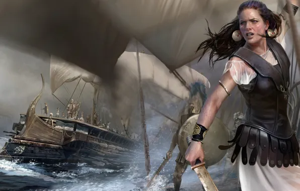 Картинка девушка, корабли, меч, доспехи, паруса, непогода, воины, Rome: Total War