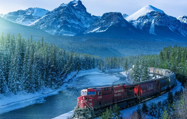 Trees, winter, train, locomotive, montains