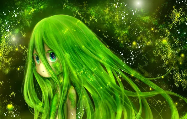 Green, kawaii, girl, fantasy, nature, anime, beautiful, pretty
