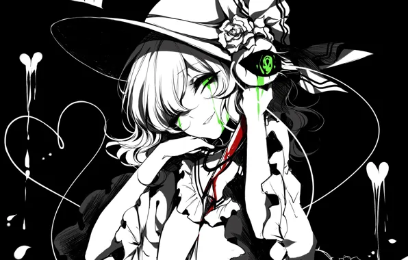 Девушка, розы, шляпа, чёрный фон, Monochrome, Touhou, монохромная, Koishi Komeiji