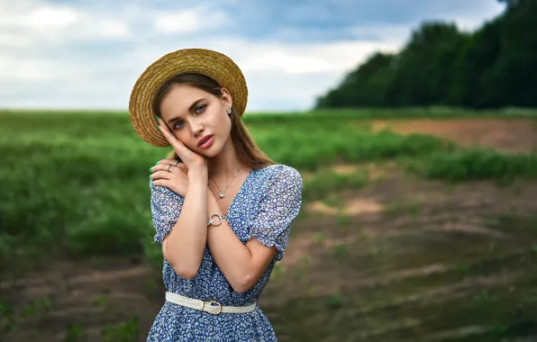 Лето, взгляд, девушка, украшения, природа, поза, модель, шляпа