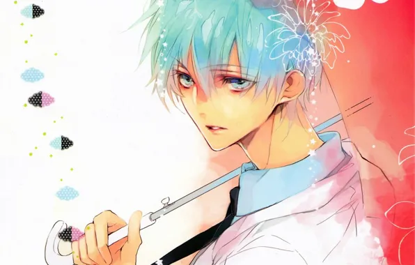Картинка взгляд, зонт, ручка, галстук, парень, голубые волосы, art, kuroko tetsuya