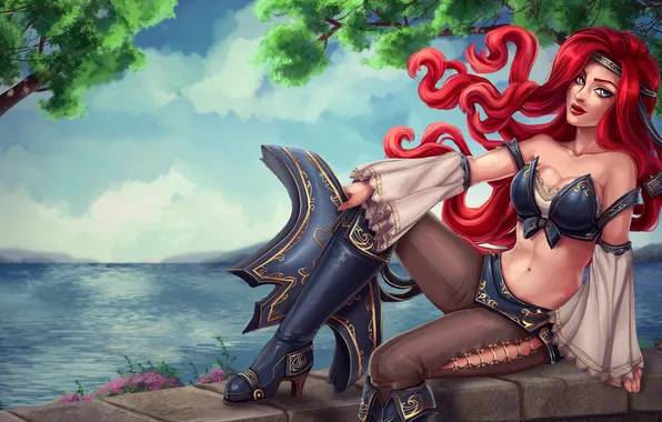Грудь, взгляд, девушка, сапоги, арт, красавица, рыжая, League of Legends