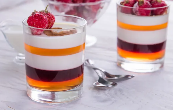 Шоколад, клубника, десерт, сладкое, желе, panna cotta